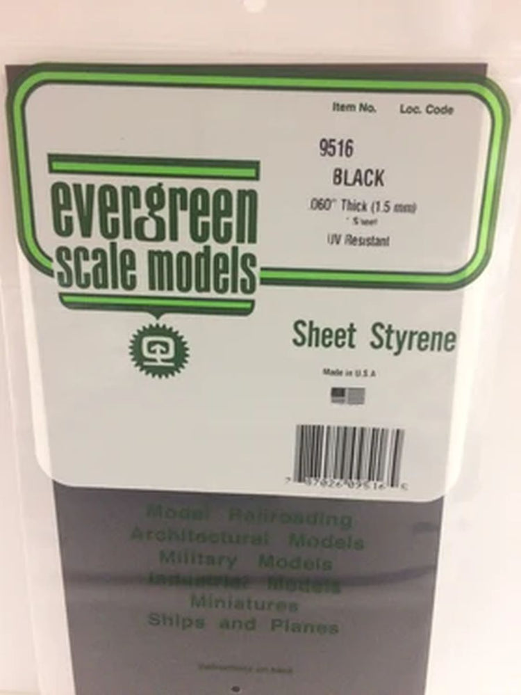 Evergreen Scale Models Black Styrene Sheets, .06x8x21" (2)