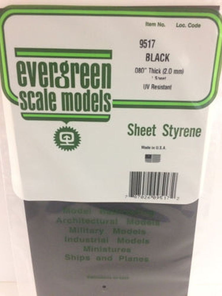Evergreen Scale Models Black Styrene Sheets, .08x6x12"