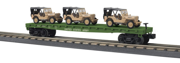 MTH Trains O US Army Flatcar w/(3) Willys Jeeps/Desert MTH3076887