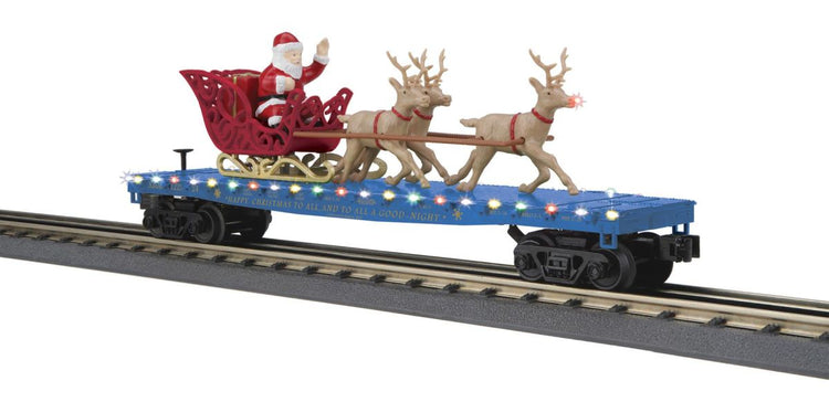 MTH Trains O North Pole Flatcar w/Lights Santa Sleigh - Reindeer/blue